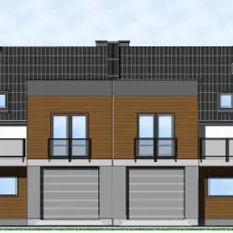 Wizualizacja dwukondygnacyjnego domu bliźniaczego z garażami, brązowa elewacja z drewnianą okładziną, grafitowy dach z lukarnami, balkony z czarną balustradą.