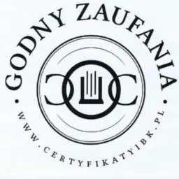 Czarno-białe logo z napisem 'GODNY ZAUFANIA' okalającym okrąg. Wewnątrz okręgu stylizowane litery 'IBK' i adres strony www.certyfikatyibk.pl.