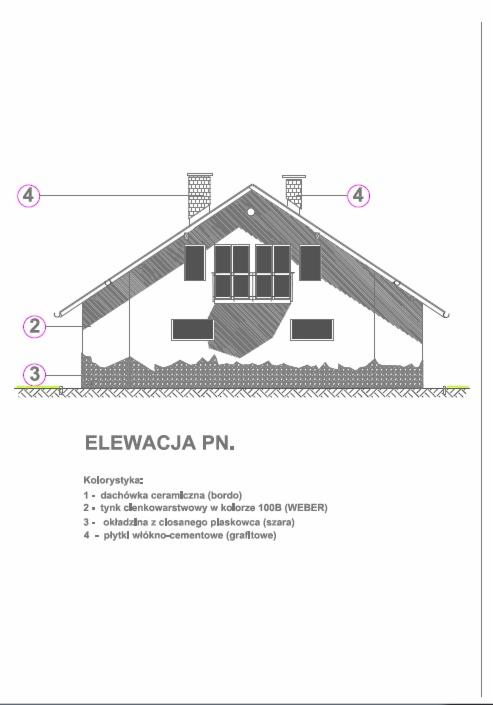 Rysunek techniczny elewacji północnej domu jednorodzinnego, z zaznaczonymi materiałami wykończeniowymi: dachówka ceramiczna bordo, tynk cienkowarstwowy w kolorze 100B (WEBER), okładzina z ciosanego...