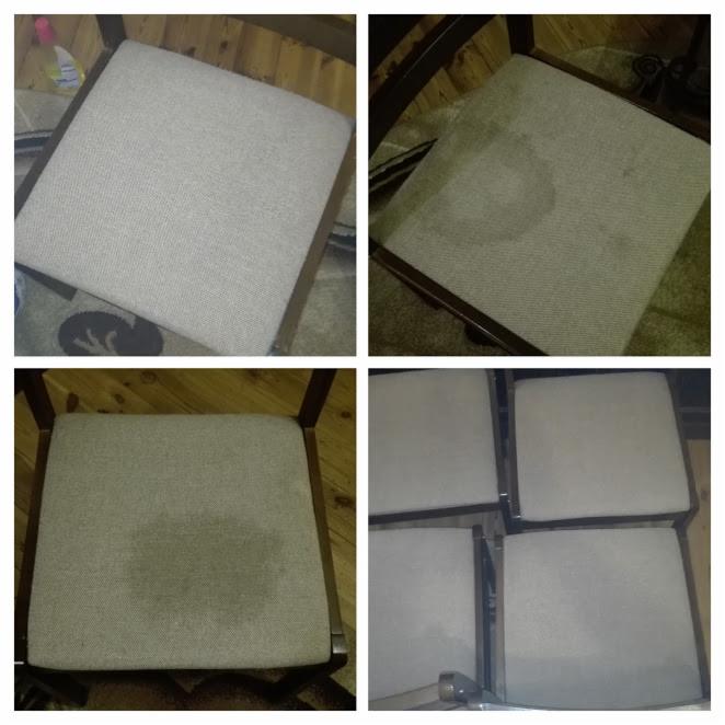 Kolaż przedstawiający krzesła z tapicerowanymi siedziskami: jedno czyste, dwa z widocznymi plamami przed czyszczeniem, a czwarte po czyszczeniu.