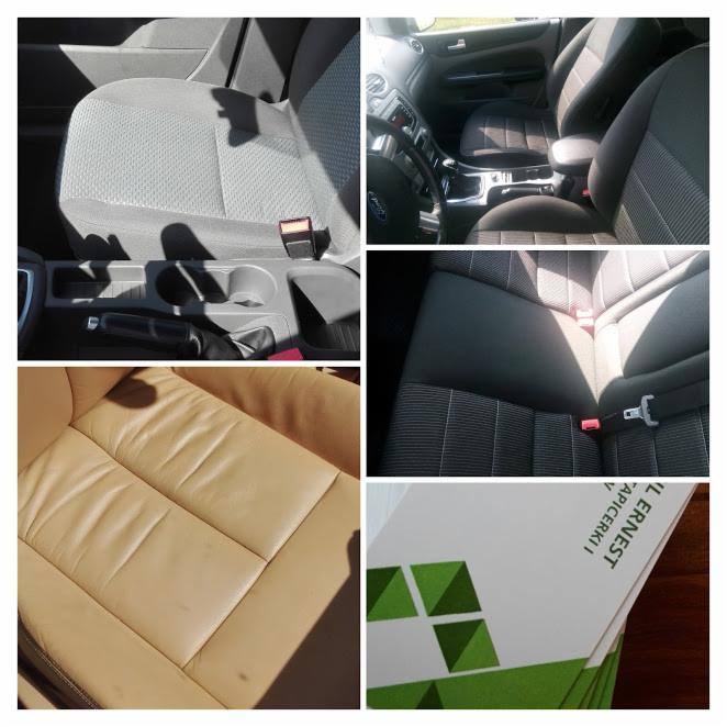 Kolaż zdjęć wnętrza samochodu: czyste, szare fotele z tkaniny, skórzany beżowy fotel z widocznymi zagnieceniami oraz wizytówka firmy z zielonym logo.
