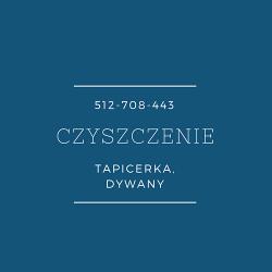 Napis na niebieskim tle: Numer telefonu 512-708-443, słowo CZYSZCZENIE, oraz TAPICERKA, DYWANY.