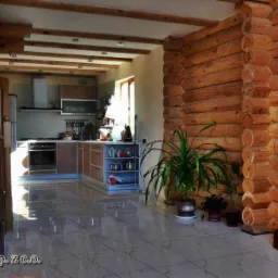 Wnętrze domu z bali: salon z kuchnią, drewniane ściany, błyszcząca podłoga z płytek, nowoczesna zabudowa kuchenna i roślina doniczkowa przy ścianie.