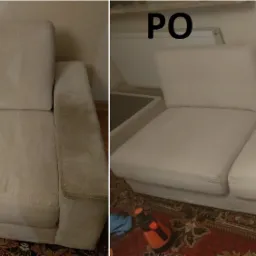 Dwuczęściowe zdjęcie przedstawia białą kanapę przed i po czyszczeniu, widoczne plamy na lewej części zdjęcia i czysta kanapa po prawej stronie.