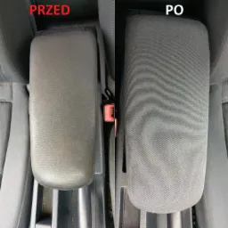 Porównanie podłokietnika samochodowego przed i po czyszczeniu, widoczne wyraźne różnice w odświeżonym wyglądzie tkaniny.