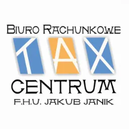 Logo Biura Rachunkowego TAX Centrum F.H.U. Jakub Janik z stylizowanymi literami TAX w kolorach niebieskim i pomarańczowym na białym tle.