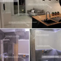 Kolaż zdjęć przedstawiający wyremontowany salon z aneksem kuchennym oraz łazienkę z mozaiką, oświetleniem LED i zabudową z płyt gipsowo-kartonowych.
