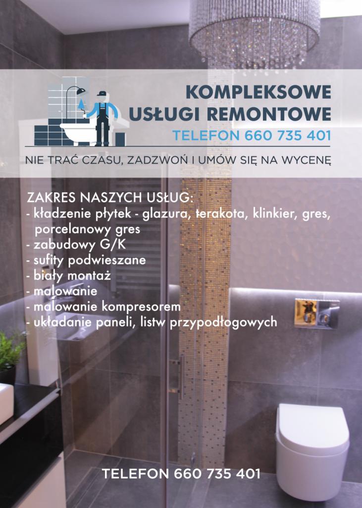 Reklama firmy remontowej z zakresem usług: kładzenie płytek, zabudowy G/K, sufity podwieszane, biały montaż, malowanie, układanie paneli. Na tle wykończona łazienka z kabiną prysznicową i toaletą.
