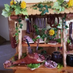 Dekoracyjna drewniana konstrukcja prezentująca wędliny, kiełbasy i szynki, ozdobiona żółtymi kwiatami i zielonymi liśćmi, z nożem wbitym w szynkę na pierwszym planie.