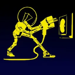 Stylizowana, żółta grafika na ciemnoniebieskim tle przedstawia postać przypominającą człowieka, której głowę stanowi żarówka, a ciało i kończyny zbudowane są z elementów wtyczek i kabli...