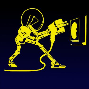 Stylizowana, żółta grafika na ciemnoniebieskim tle przedstawia postać przypominającą człowieka, której głowę stanowi żarówka, a ciało i kończyny zbudowane są z elementów wtyczek i kabli...