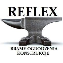 Reflex - Kowadło, logo firmy REFLEX z napisami 'BRAMY OGRODZENIA KONSTRUKCJE' poniżej, czarno-biała grafika.