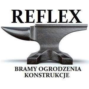 Kowadło, logo firmy REFLEX z napisami 'BRAMY OGRODZENIA KONSTRUKCJE' poniżej, czarno-biała grafika.