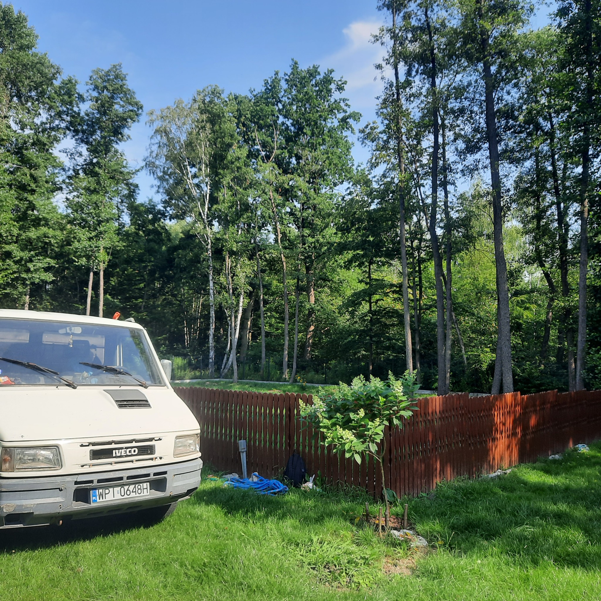 Biały samochód dostawczy Iveco zaparkowany na trawniku przed brązowym drewnianym płotem, za którym widać wysokie drzewa.