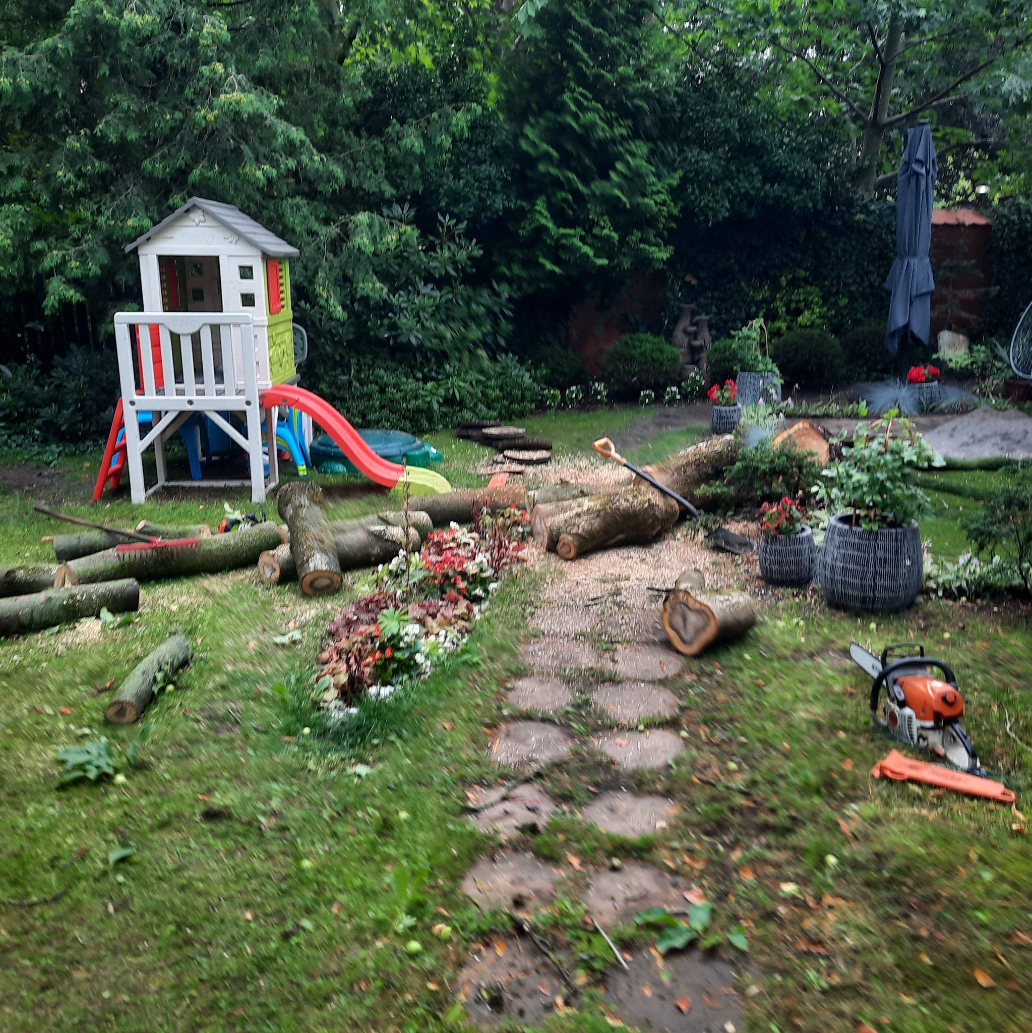 Po wycince drzewa w ogrodzie: pocięte pnie, zrębki, piła spalinowa Stihl, grabie, w tle domek dla dzieci z czerwoną zjeżdżalnią.