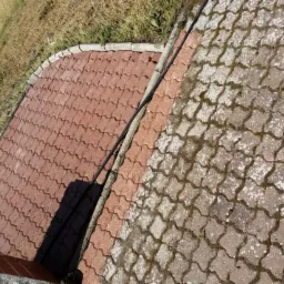 Częściowo oczyszczona kostka brukowa na posesji, widoczna różnica w kolorze i czystości między obszarem po lewej stronie a obszarem po prawej, zarośnięta trawa w tle.