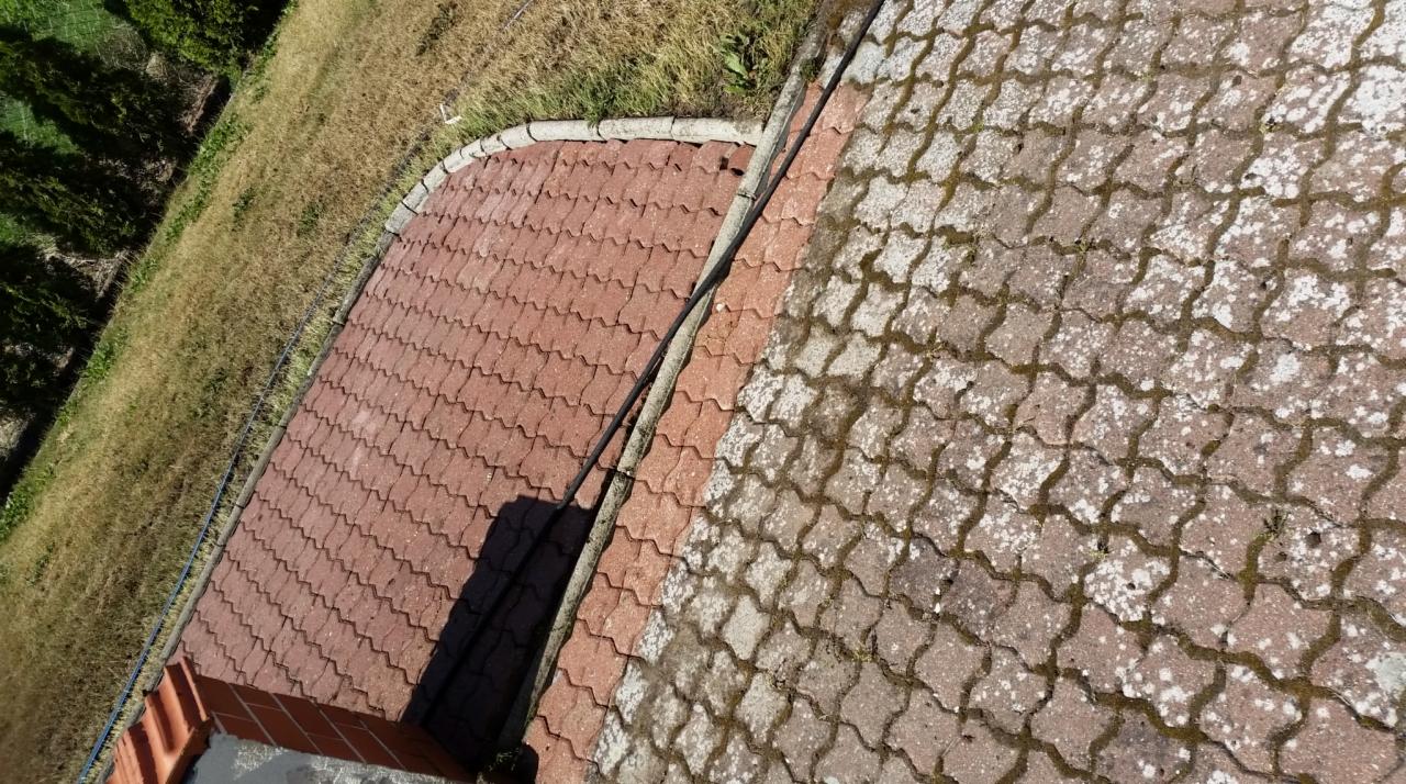 Częściowo oczyszczona kostka brukowa na posesji, widoczna różnica w kolorze i czystości między obszarem po lewej stronie a obszarem po prawej, zarośnięta trawa w tle.