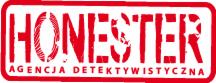 Czerwono-białe logo firmy 'HONESTER Agencja Detektywistyczna' w prostokątnej ramce z zaokrąglonymi rogami, napisane szeryfowym krojem pisma.