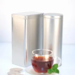 Dwie srebrne metalowe puszki, jedna kwadratowa, druga okrągła, stoją obok szklanki herbaty z listkiem mięty i trzema saszetkami herbaty na białym tle.