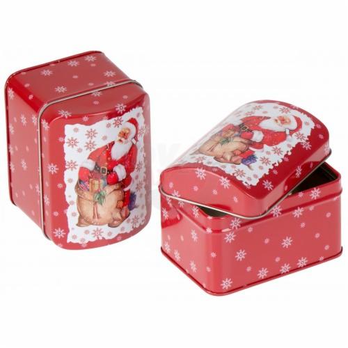 Dwie czerwone, metalowe puszki z motywem świątecznym, przedstawiające Świętego Mikołaja z workiem prezentów, na białym tle. Jedna puszka jest zamknięta, druga otwarta z lekko uniesionym wieczkiem.