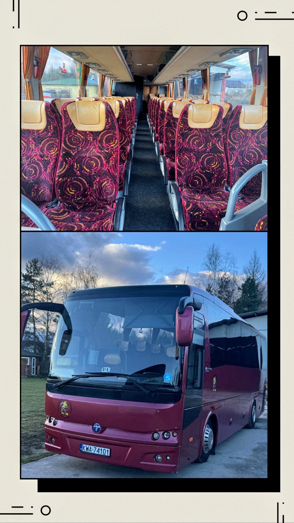 Wnętrze autobusu z rzędami foteli w kolorze fuksji i widok z zewnątrz na pojazd z otwartymi drzwiami, prezentujący ofertę przewozu osób.