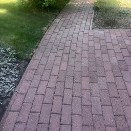 KATARZYNA KONTEK Adamex - Ułożona, czerwona kostka brukowa tworzy ścieżkę ogrodową, obok której rosną krzewy i trawa. Widok z góry, z perspektywy osoby stojącej na ścieżce.