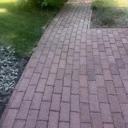 Ułożona, czerwona kostka brukowa tworzy ścieżkę ogrodową, obok której rosną krzewy i trawa. Widok z góry, z perspektywy osoby stojącej na ścieżce.