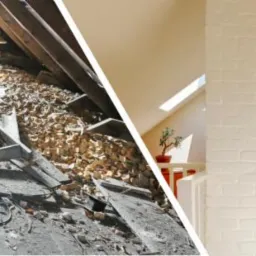 Porównanie strychu przed i po renowacji: po lewej zagracony strych z drewnianą drabiną i gruzem, po prawej jasne, wykończone poddasze z oknami dachowymi, kolumną z cegły i minimalistycznym wystrojem.