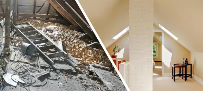 Porównanie strychu przed i po renowacji: po lewej zagracony strych z drewnianą drabiną i gruzem, po prawej jasne, wykończone poddasze z oknami dachowymi, kolumną z cegły i minimalistycznym wystrojem.