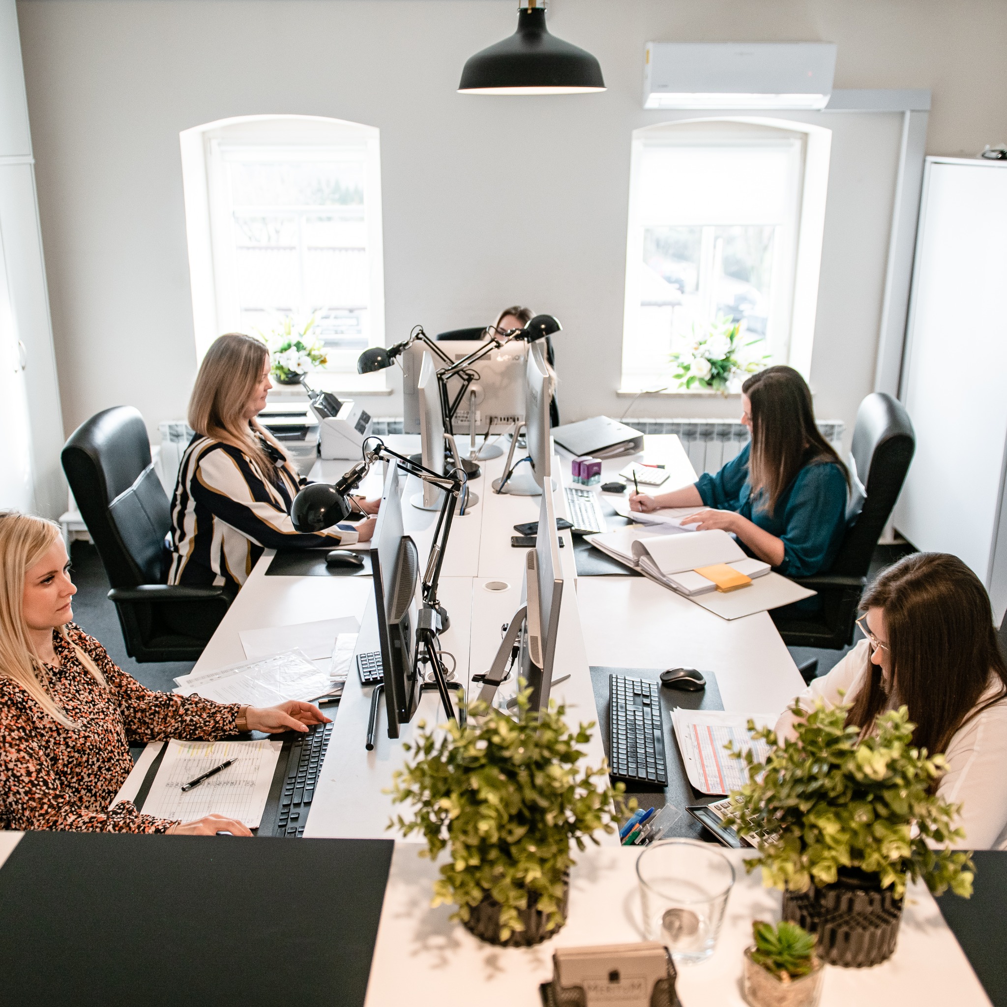 Jasne biuro: cztery kobiety pracują przy biurkach z komputerami i lampkami. Na biurkach dokumenty i rośliny doniczkowe. Dwa okna w tle.