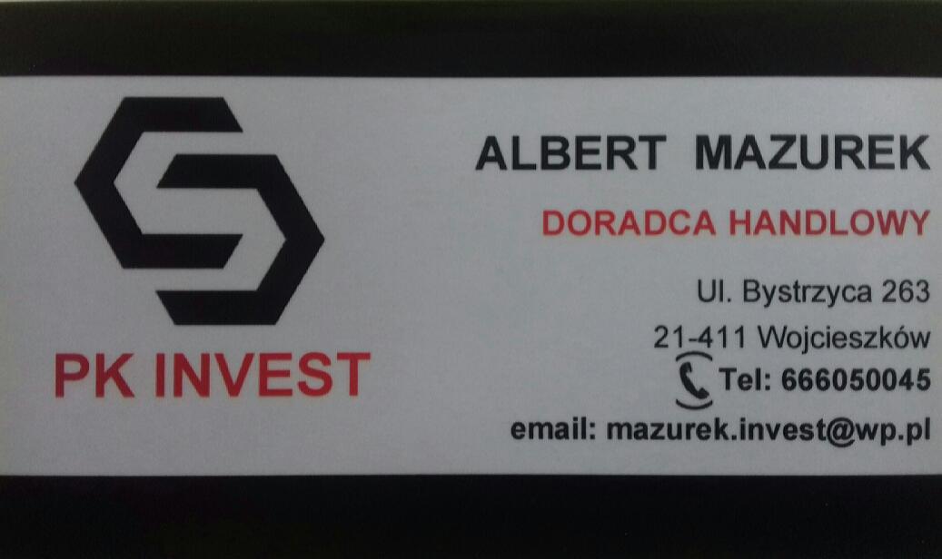 Wizytówka firmy PK Invest z danymi kontaktowymi doradcy handlowego Alberta Mazurka, zawierająca logo firmy w formie stylizowanego sześciokąta.