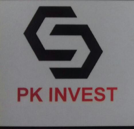 Logo firmy PK INVEST z geometrycznym symbolem w kształcie heksagonu, nadrukowane na białym tle z czerwonym napisem.
