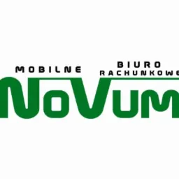 Logo firmy 'Mobilne Biuro Rachunkowe Novum' na białym tle, z zielonym, stylizowanym napisem 'Novum'.