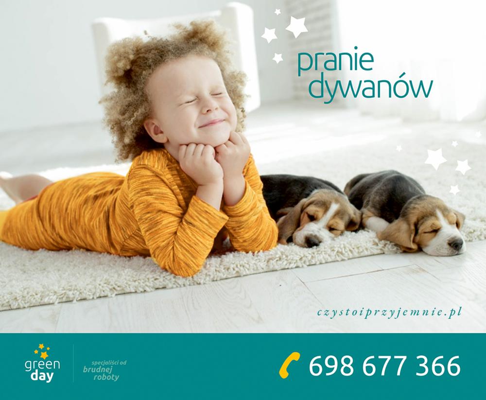 Uśmiechnięte dziecko z kręconymi włosami leży na puszystym, jasnym dywanie obok śpiących szczeniaków rasy beagle, nad nimi napis 'pranie dywanów' i gwiazdki, w tle jasne wnętrze.