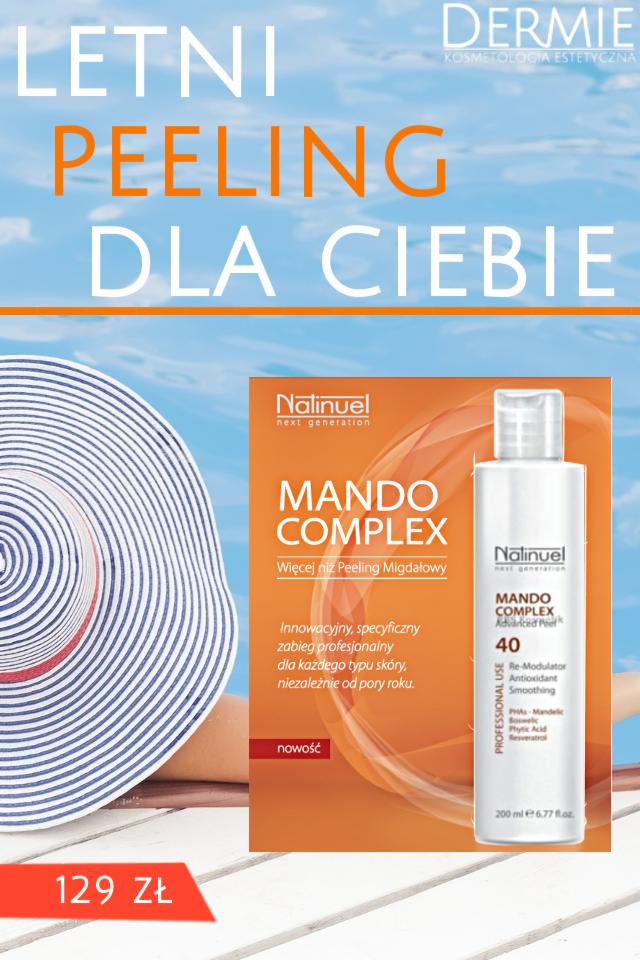 Reklama letniego peelingu Mando Complex marki Natinuel z kapeluszem w tle, widoczna cena 129 zł.