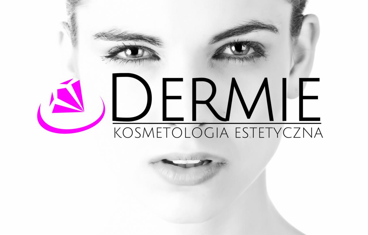 Logo firmy Dermie Kosmetologia Estetyczna na tle twarzy kobiety, z elementem graficznym różowego diamentu.