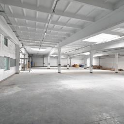 Opolskie Centrum Logistyczne Sp. z o.o. Opole - Przestronne, puste wnętrze magazynu z betonową podłogą, białymi ścianami i stropem podpartym kolumnami, oświetlone światłem dziennym wpadającym przez okna i świetliki dachowe, z widocznymi...
