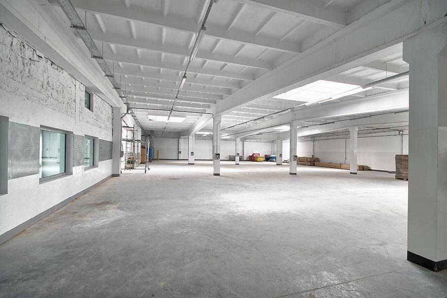Przestronne, puste wnętrze magazynu z betonową podłogą, białymi ścianami i stropem podpartym kolumnami, oświetlone światłem dziennym wpadającym przez okna i świetliki dachowe, z widocznymi...