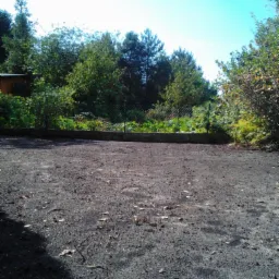 Przygotowany teren pod budowę, z widocznymi śladami po usuniętych drzewach, otoczony zielenią i ogrodzeniem z siatki.