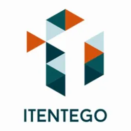 Logo firmy ITENTIGO, złożone z geometrycznych trójkątów w kolorach pomarańczowym, zielonym i jasnoniebieskim, tworzących abstrakcyjny kształt litery 'T'.