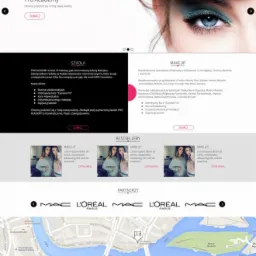 Strona internetowa szkoły makijażu Pro Academy z dużym zdjęciem oka z intensywnym, niebieskim makijażem powiek i informacjami o ofercie szkoły.