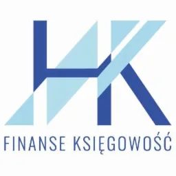 Logo firmy z niebieskich figur geometrycznych układających się w litery HK oraz napisem FINANSE KSIĘGOWOŚĆ.