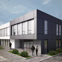 Wizualizacja nowoczesnego budynku biurowego z panelami elewacyjnymi w odcieniach szarości i bieli, z dużymi oknami, otoczonego zielenią i chodnikiem z kostki brukowej, z sylwetkami przechodzących...