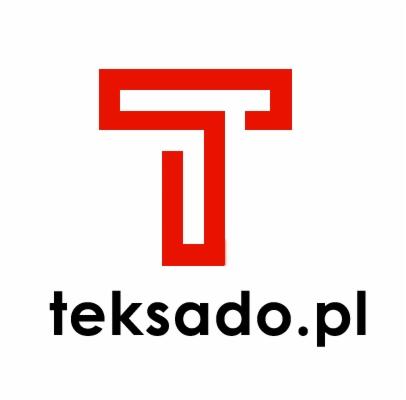 Logo firmy Teksado.pl z czerwoną literą 'T' o geometrycznym kształcie, umieszczone nad czarnym adresem strony internetowej.