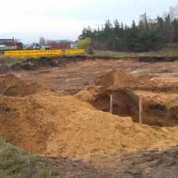 Wykonane wykopy pod fundamenty z widocznymi deskowaniami, hałdami piasku i sprzętem budowlanym w tle.