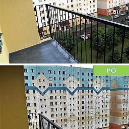 Freshmaker - Balkon zabezpieczony siatką ochronną dla ptaków, widok z góry przed i po montażu, wysoki budynek w tle.