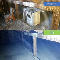 Strych przed i po: zaniedbane poddasze z meblami i gruzem, po sprzątaniu czysta, pusta przestrzeń z drewnianą konstrukcją.