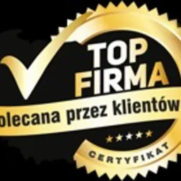 Złota odznaka z napisem 'TOP FIRMA Polecana przez klientów' i pięcioma gwiazdkami, symbolizująca certyfikat jakości usług.