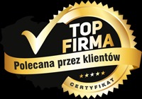 Złota odznaka z napisem 'TOP FIRMA Polecana przez klientów' i pięcioma gwiazdkami, symbolizująca certyfikat jakości usług.