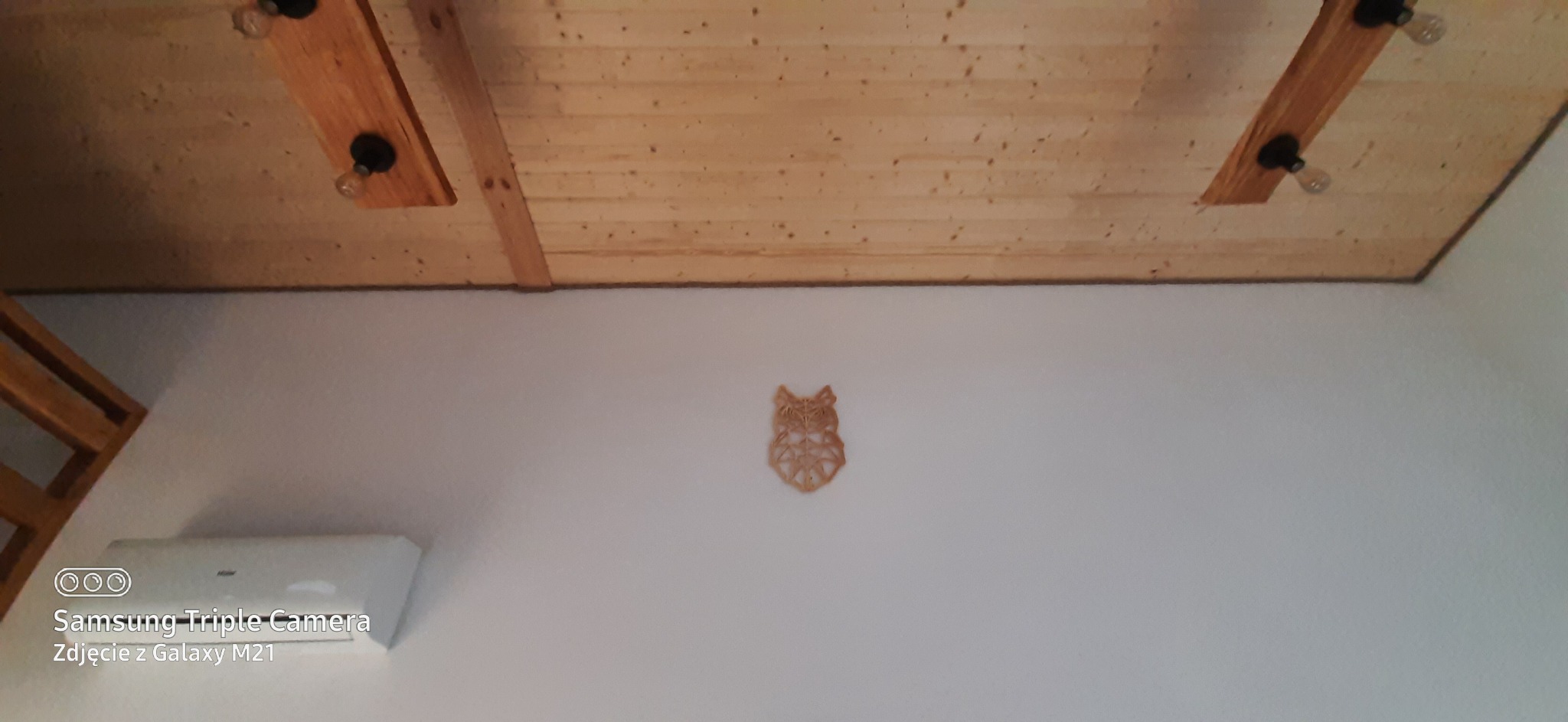 Drewniany sufit z oświetleniem i dekoracją ścienną w kształcie sowy, klimatyzator na ścianie. Ujęcie z dołu, obrócone o 180 stopni.